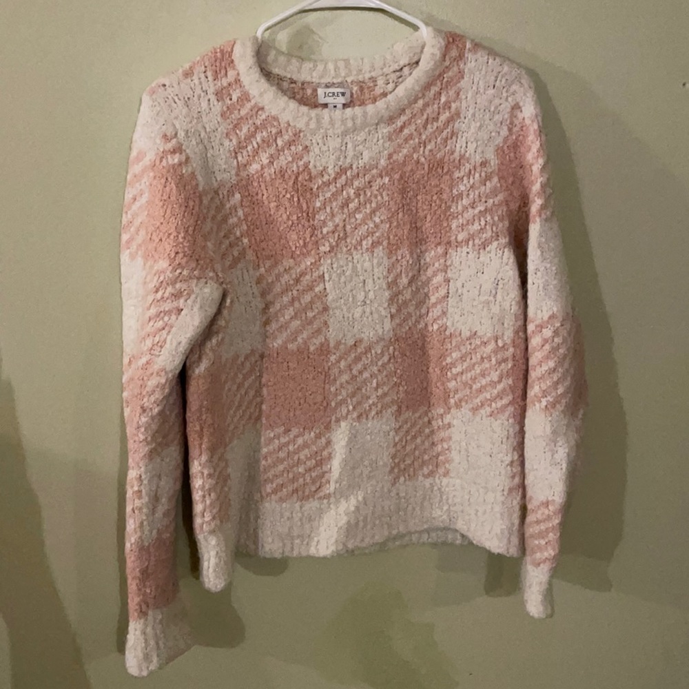 J Crew Pink and White Gingham Sweater Size M